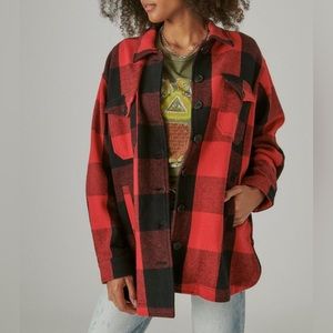 Lucky Brand Oversized Red Black Plaid Heavy Shacket 100% Cotton Size Medium